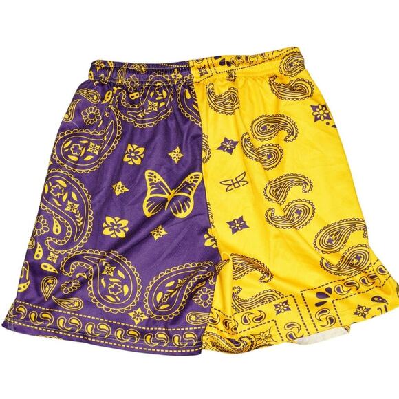Lakers Colors Bandana Split Shorts Purple & Yellow Paisley Butterfly Streetwear - Picture 4 of 5